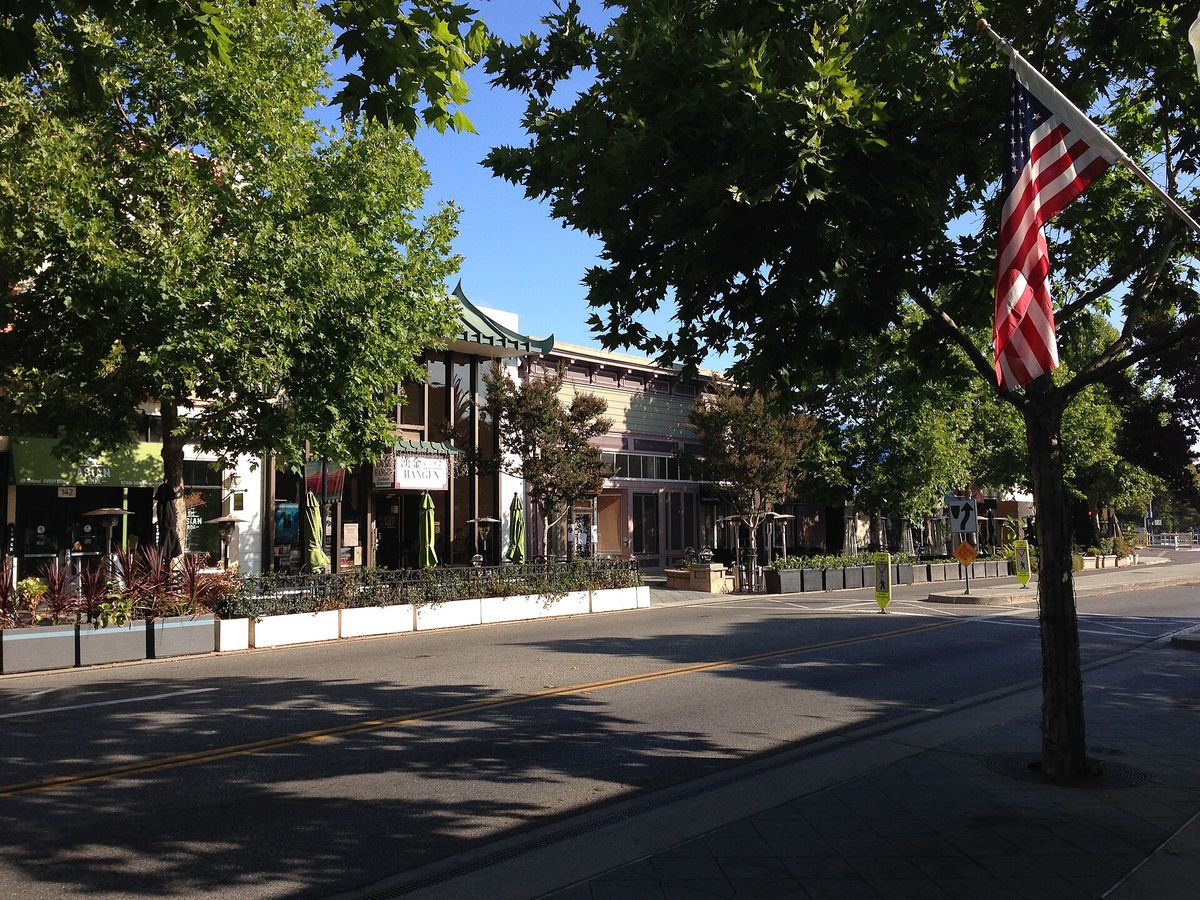 Shops and restaurants along Castro Street in downtown Mountain View